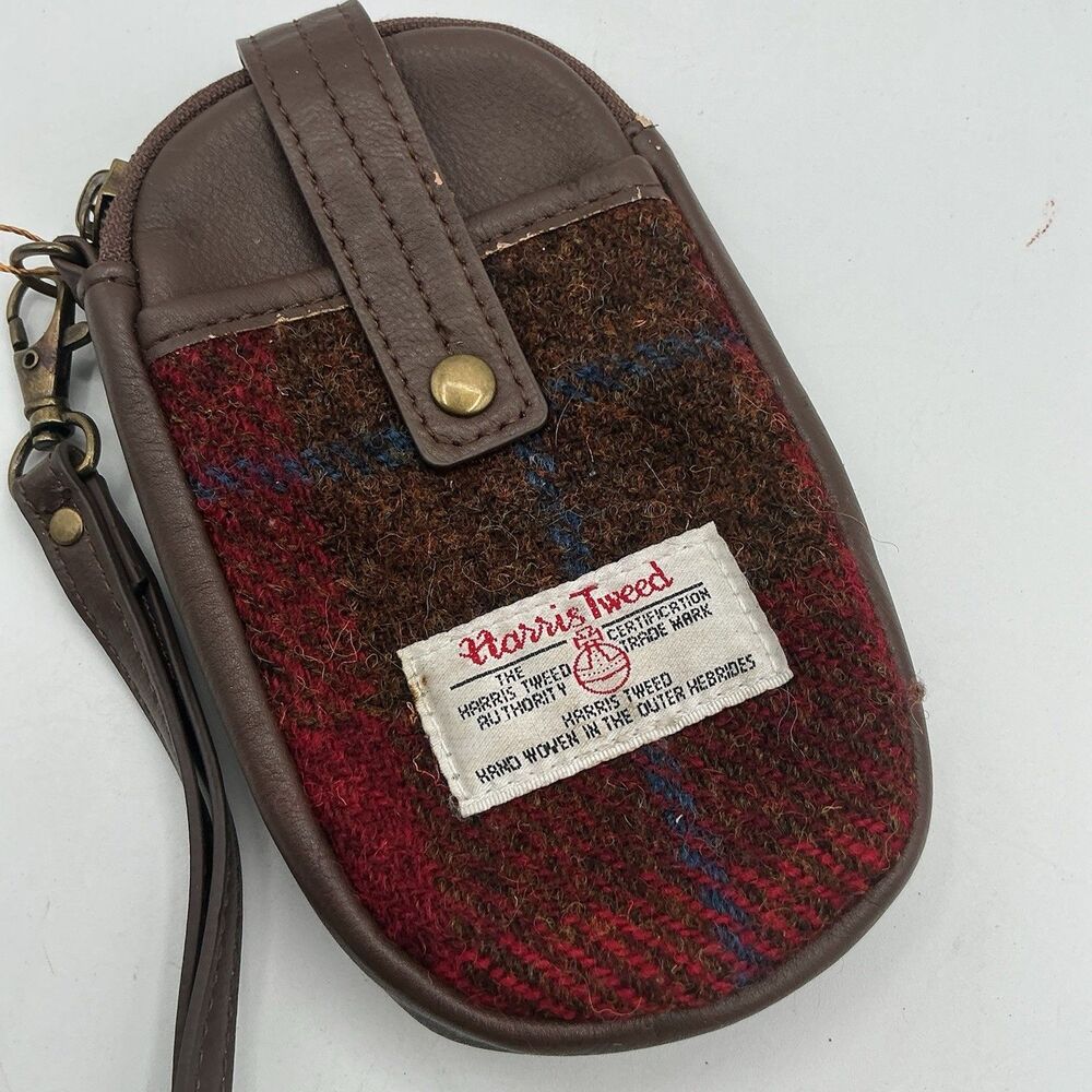 Harris Tweed Leather Phone Wristlet Wallet Pouch Brown Red Plaid Scotland